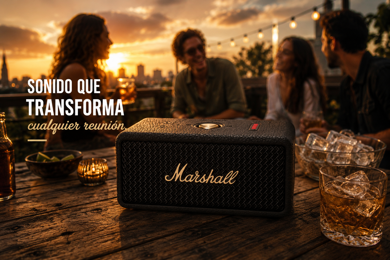 Marshall Emberton en rooftop con amigos al atardecer junto a tragos sobre mesa de madera